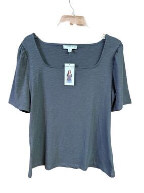 Anne Klein Ribbed Square Neck Knit Top Gray Sz L NWT